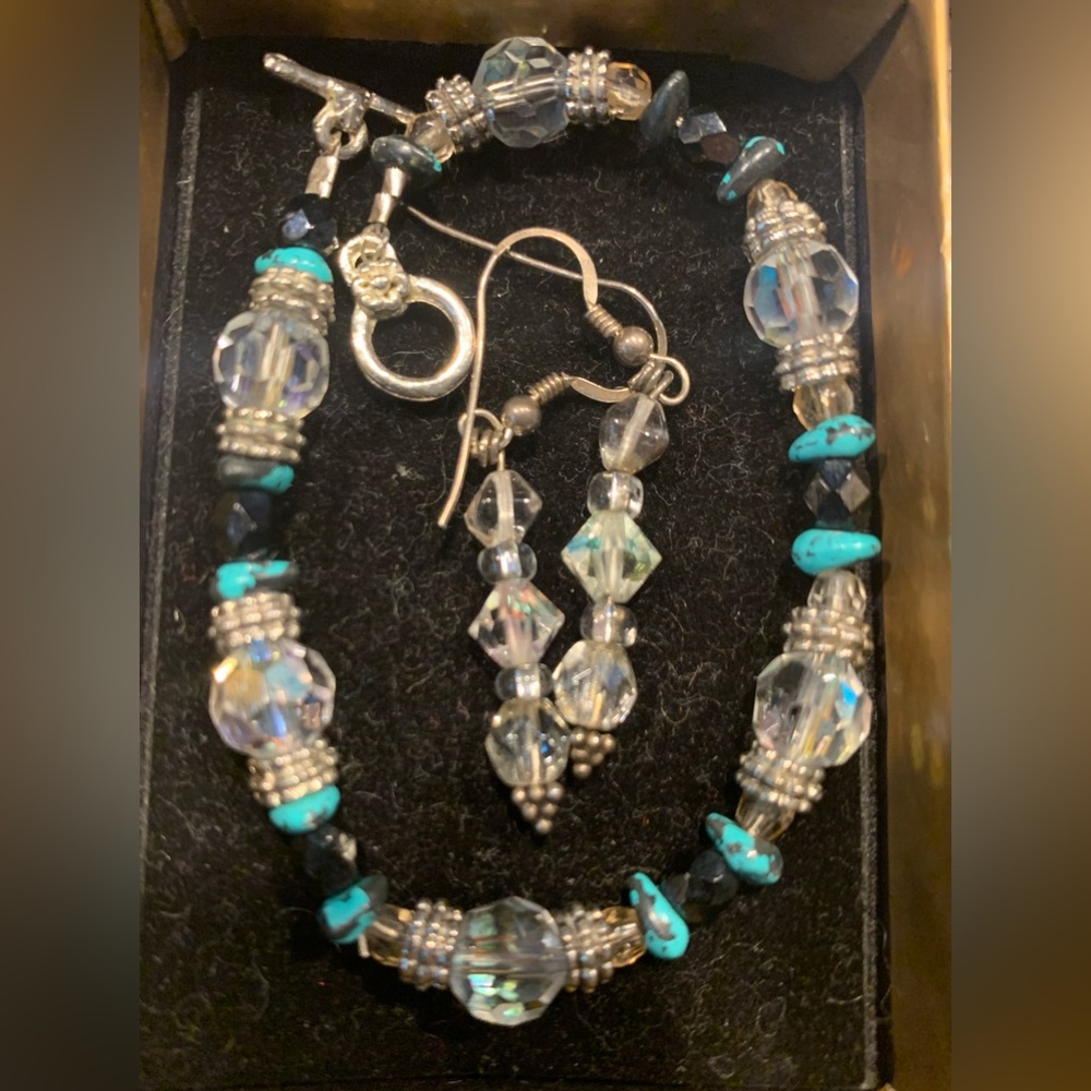Crystal and turquoise braclet and earrings with sterling silver posts